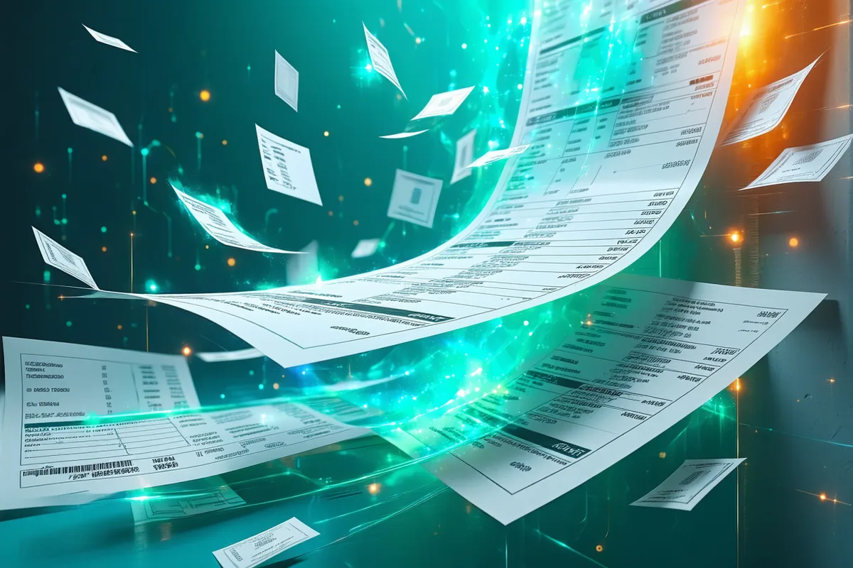 Abstract visualization of payroll documents flowing into a digital processing core and emerging as clean payslips